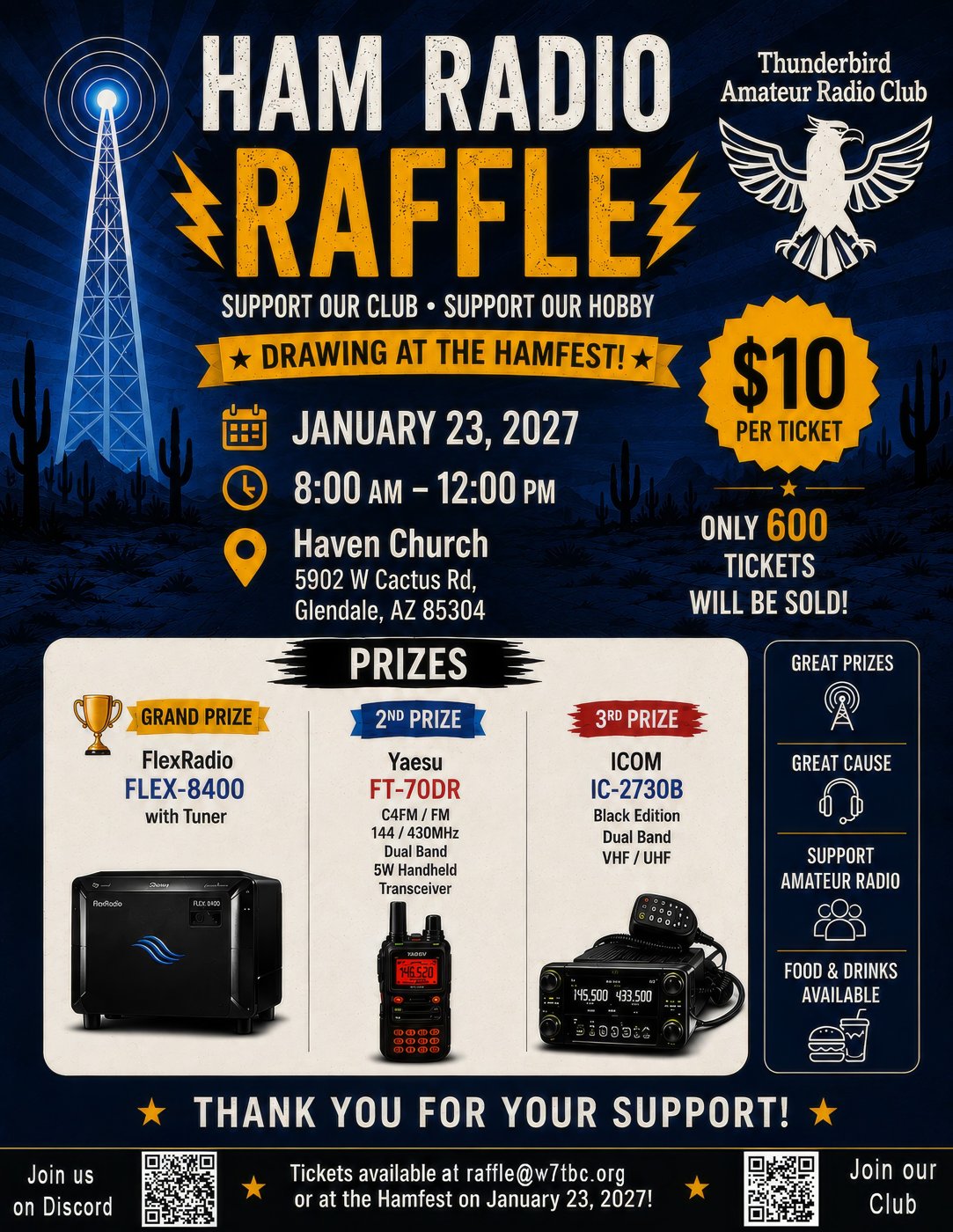 2027 Thunderbird Hamfest raffle flyer: FlexRadio FLEX-8400, Yaesu FT-70DR, ICOM IC-2730B, $10 a ticket
